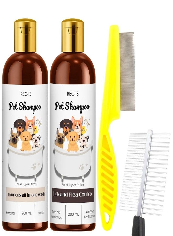 مجموعة شامبو ريجيس للحيوانات الأليفة، غسول شامل ومكافحة القراد والبراغيث، 200 مل لكل عبوة مع مشط للتنظيف (عبوة من 4 قطع) - Image 1